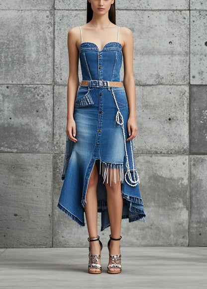 Blue Asymmetrical Design Silm Fit Denim Spaghetti Strap Dress Summer
