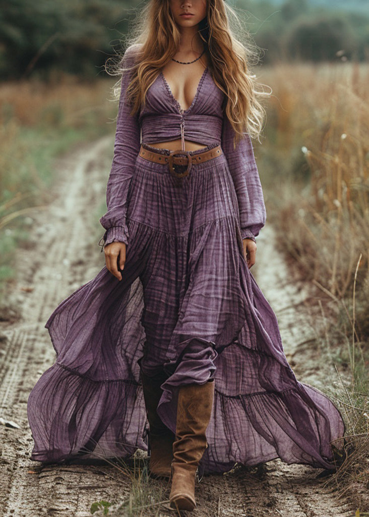 Purple V Neck Hollow Out Wrinkled Cotton Maxi Dress Spring