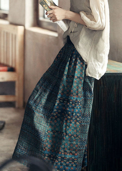 Green Elastic Waist Print Patchwork Linen Skirts Fall