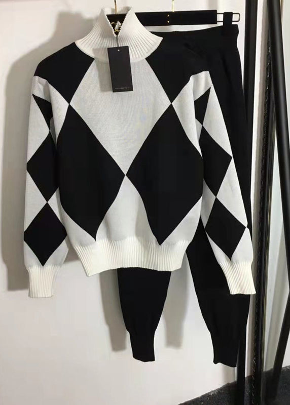 Blue Hign Neck Geometric Knit Two Pieces Set Winter