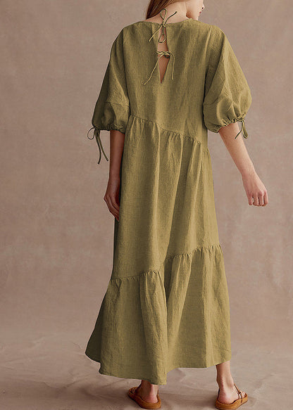 New Apricot O Neck Patchwork Linen Dress Lantern Sleeve