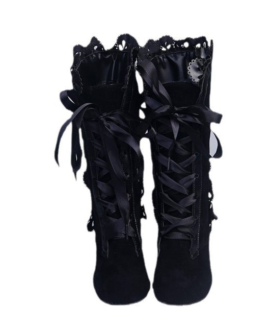 Stylish Black Suede Lace Cross Strap Splicing Chunky Heel Boots