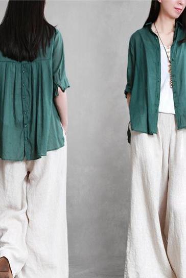 Summer Loose Cotton Linen Shirt Short Blouse
