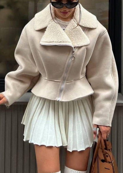 Italian Beige Peter Pan Collar Zippered Fleece Wool Lined Short Coats Winter