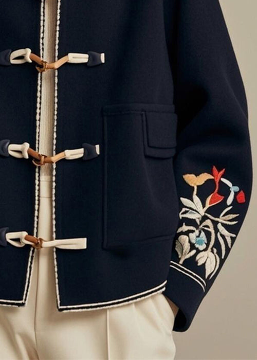 Navy O-neck Button Print Cotton Coat Fall