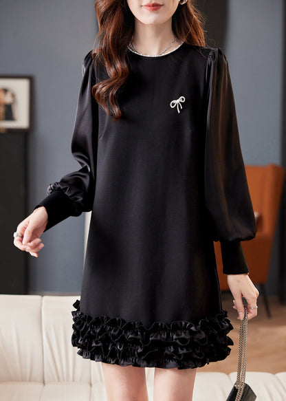 Black O Neck Pearl Ruffled Cotton Mid Dress Fall