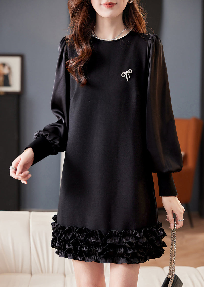 Black O Neck Pearl Ruffled Cotton Mid Dress Fall