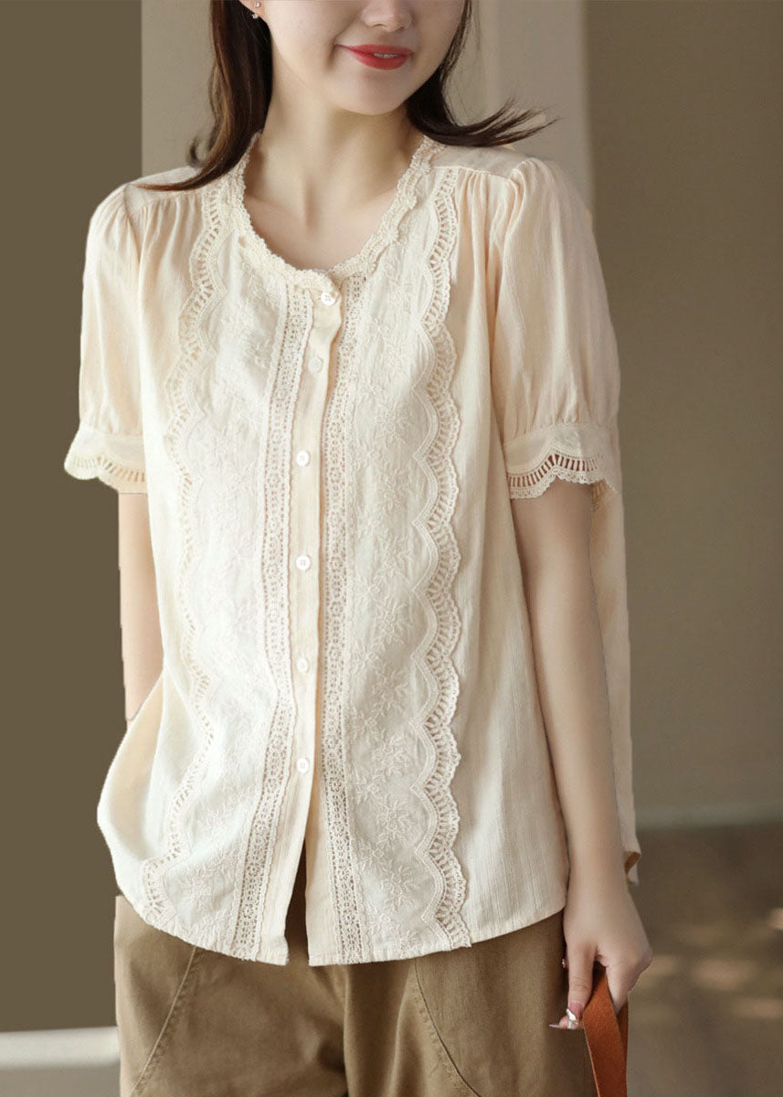 Apricot Hollow Out Embroidered Patchwork Cotton Blouses Summer