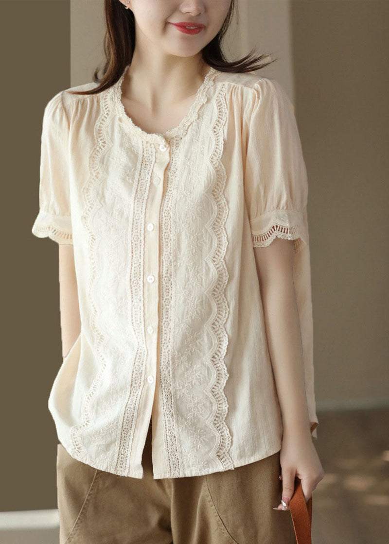 Apricot Hollow Out Embroidered Patchwork Cotton Blouses Summer