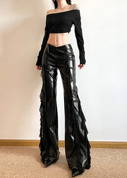 Original Black Tulle Ruffled Patchwork Faux Leather Flared Trousers Summer