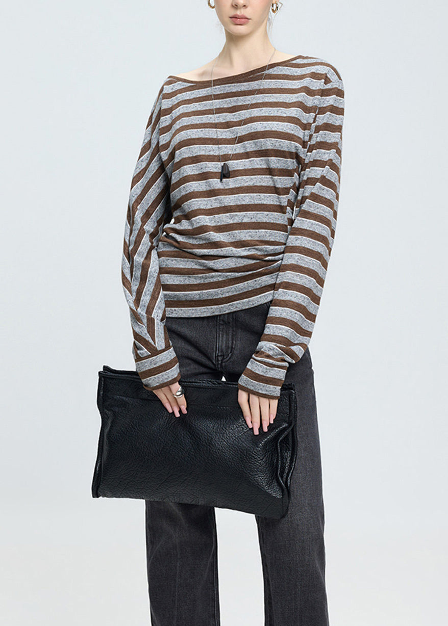 Brown Striped Slash Neck Cotton T Shirt Tops Spring