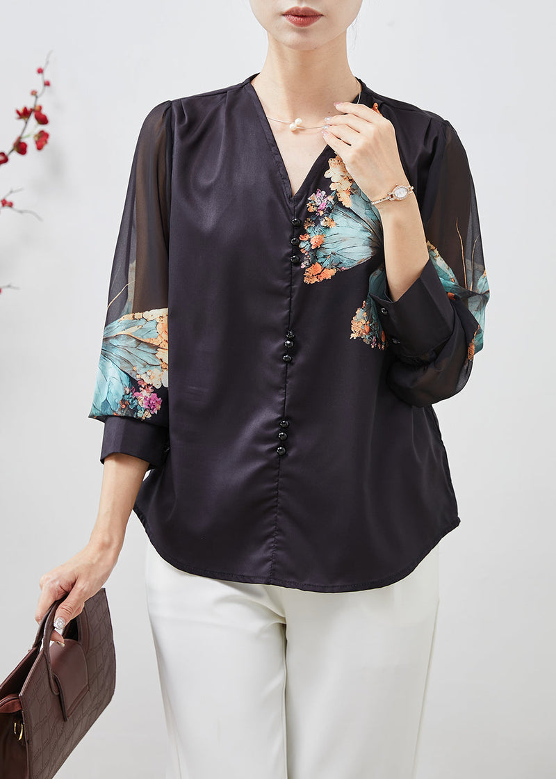 Black V Neck Butterfly Silk Blouses Spring