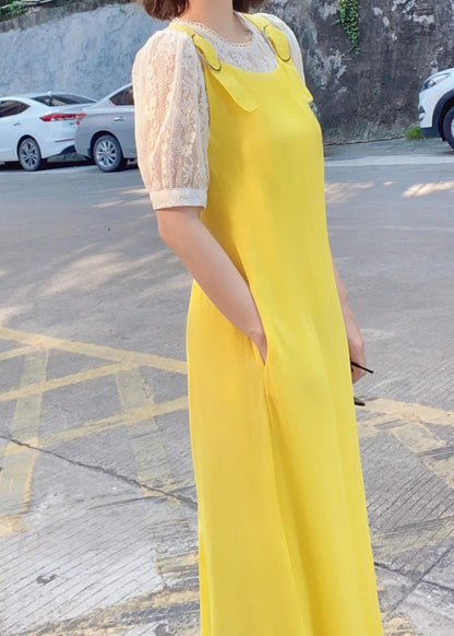 Simple Yellow Pockets Cotton Jumpsuit Pants Sleeveless