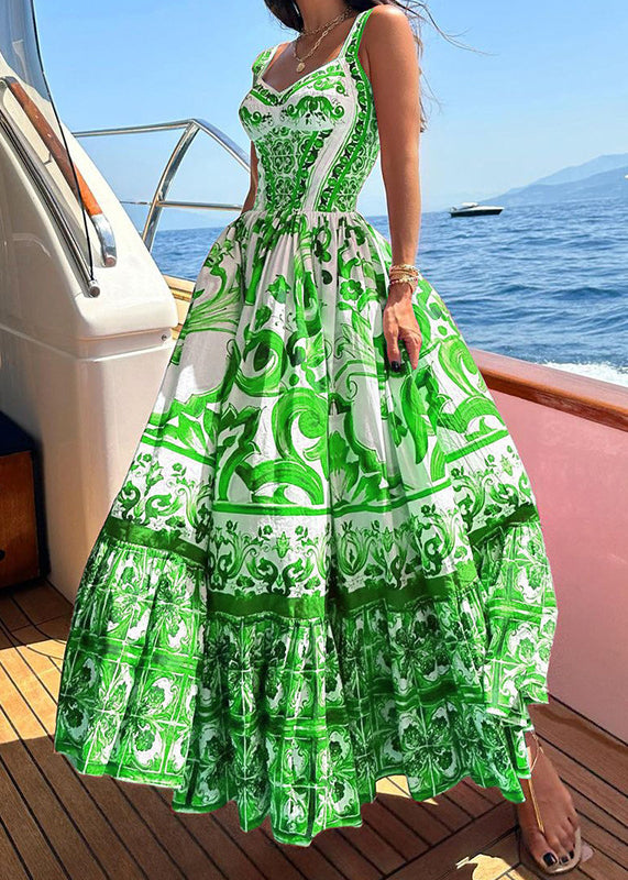 Rose Print Wrinkled Cotton Spaghetti Strap Dress Summer