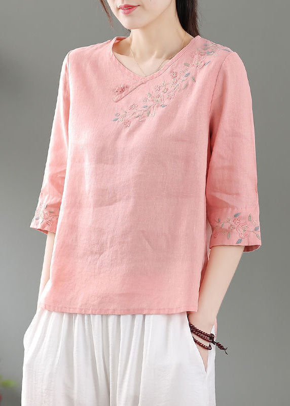 Modern Pink O-neck Side Open Linen Top Three Quarter Sleeve