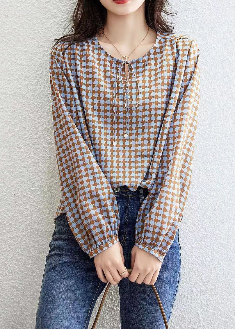 Coffee Print Lace Up Cotton Blouses Long Sleeve