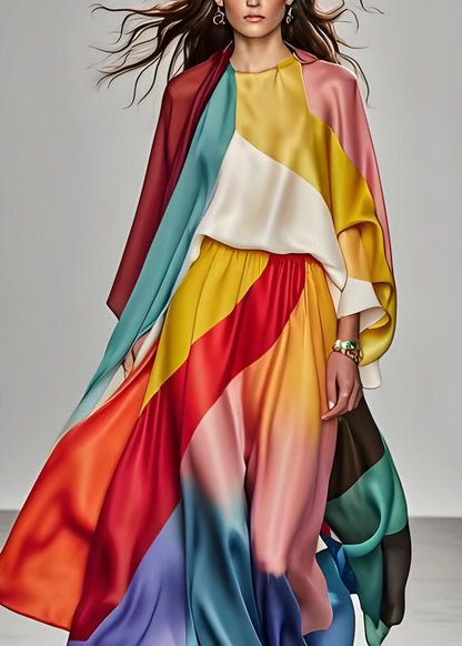Italian Colorblock Tops and Pants Silk Two Piece Suit Set Summer