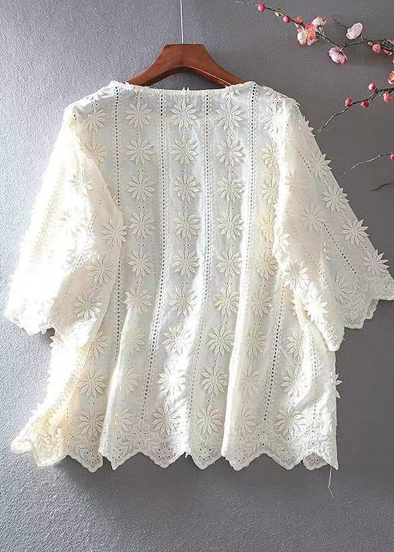 Apricot Embroidered Hollow Out Cotton Top Half Sleeve