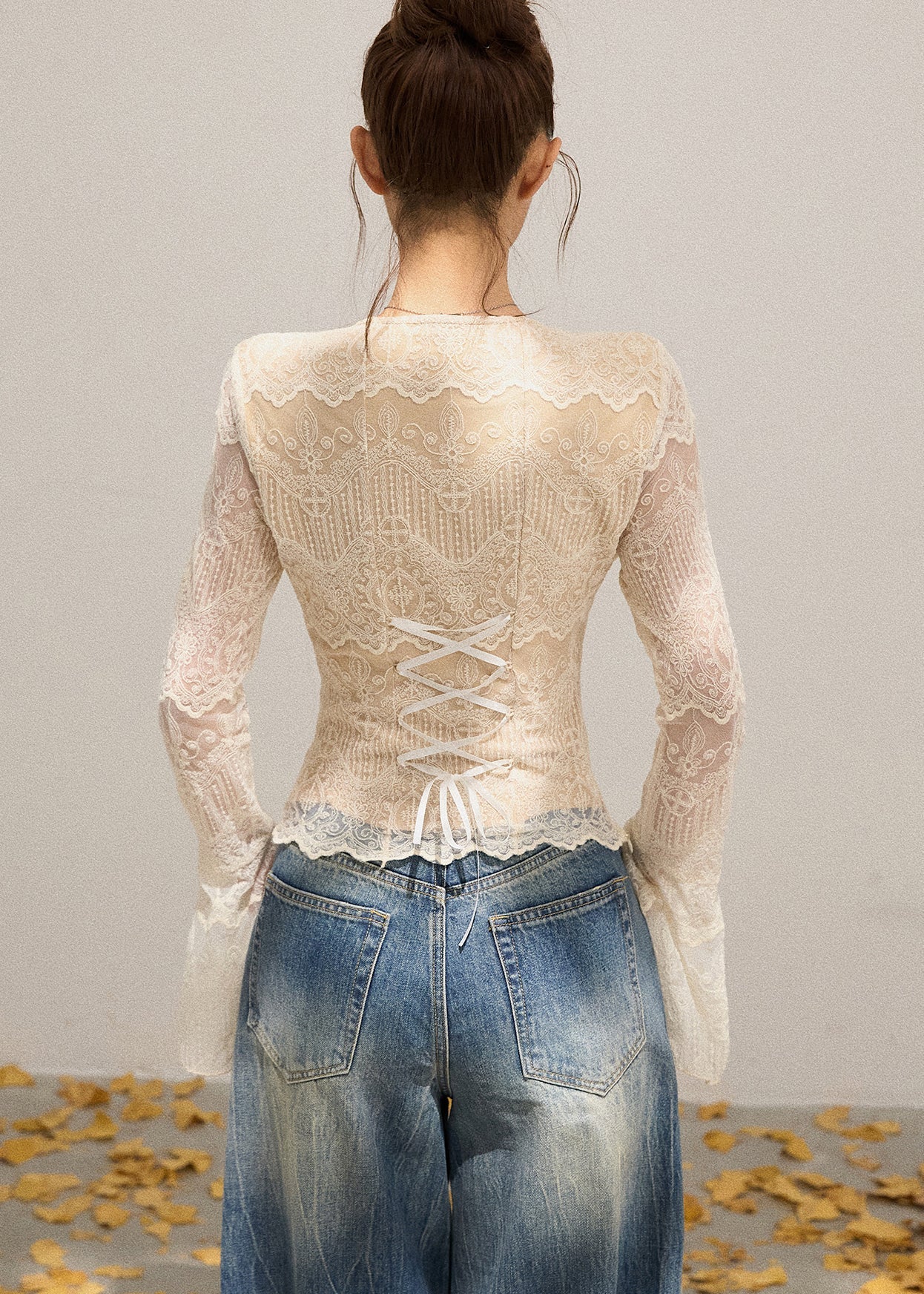 Beige V Neck Patchwork Lace Shirt Flare Sleeve