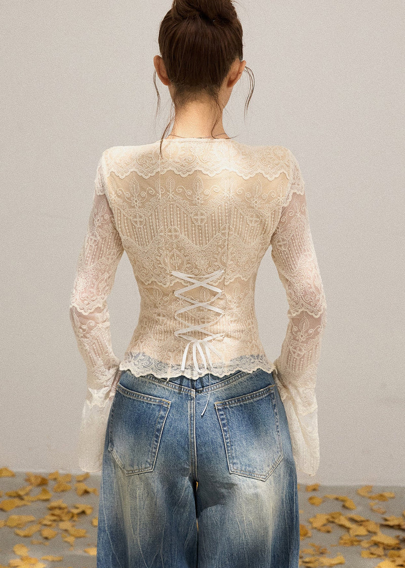 Beige V Neck Patchwork Lace Shirt Flare Sleeve