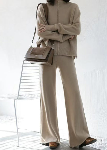 French Apricot Sweaters and Pants Knit Two Pieces Set Winter