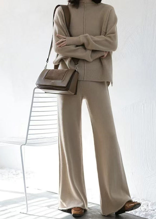 French Apricot Sweaters and Pants Knit Two Pieces Set Winter