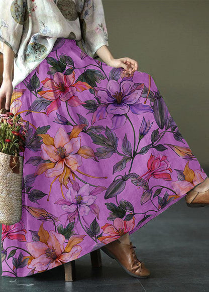 Color Stripes Print Ramie Elastic Waist Skirt