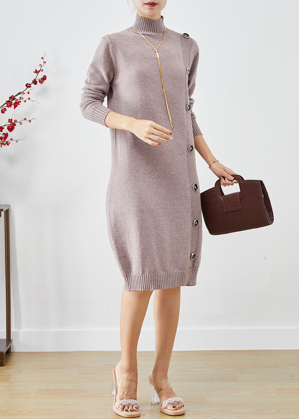 Light Purple High Neck Button Knit Dress Winter