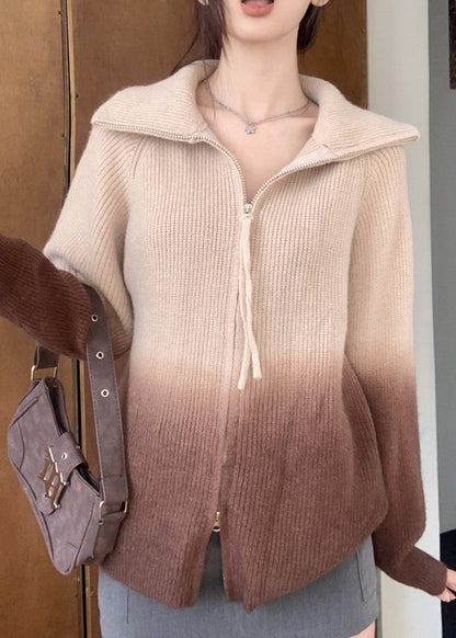 Grey Gradient Zip Up Patchwork Knit Jacket Winter