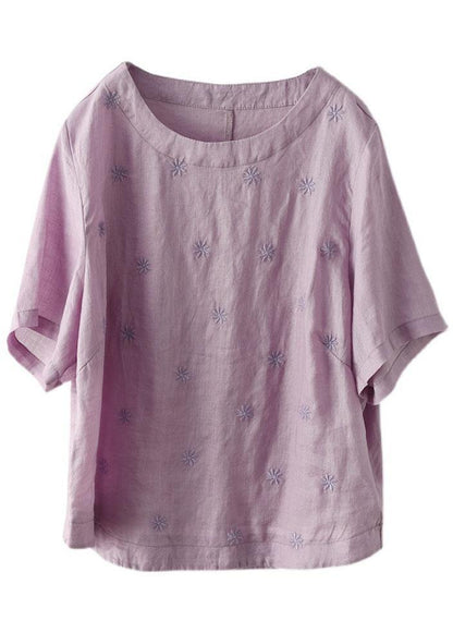 Unique White Flowers and Birds O-neck Embroidered Summer Ramie Shirt Half Sleeve