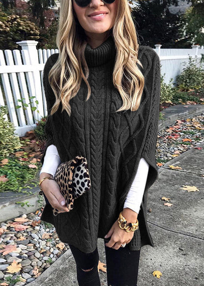 Grey Hign Neck Thick Knit Sweaters Batwing Sleeve