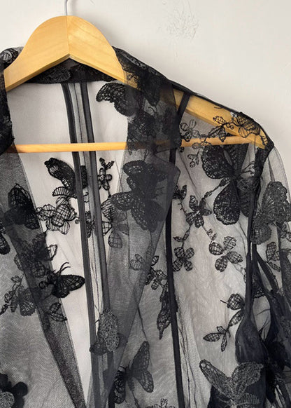 Oversized Black Notched Butterfly Embroidered Tulle Shirt Summer