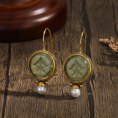 Rounded Green Stone Pearl Earrings
