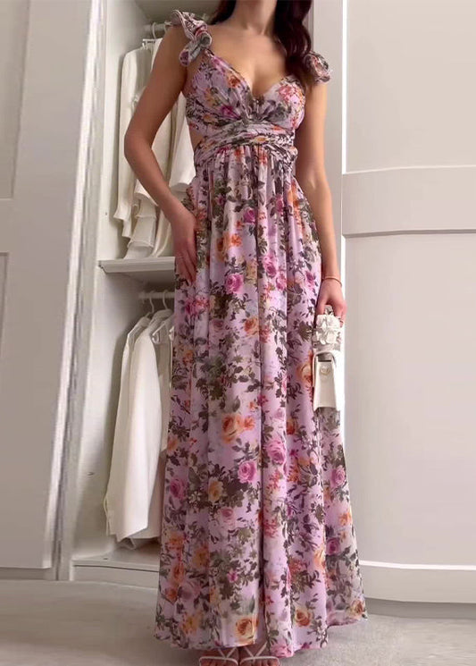 Purple Ruffled Print Hollow Out Chiffon Long Dress Summer