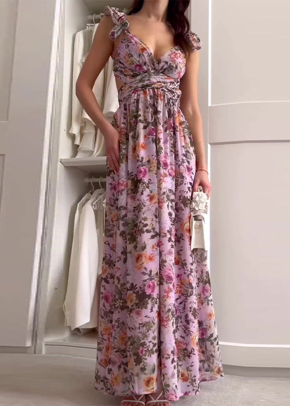 Purple Ruffled Print Hollow Out Chiffon Long Dress Summer