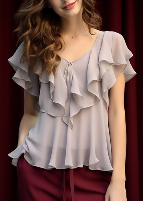 Light Grey Ruffled Lace Up Chiffon Top Summer