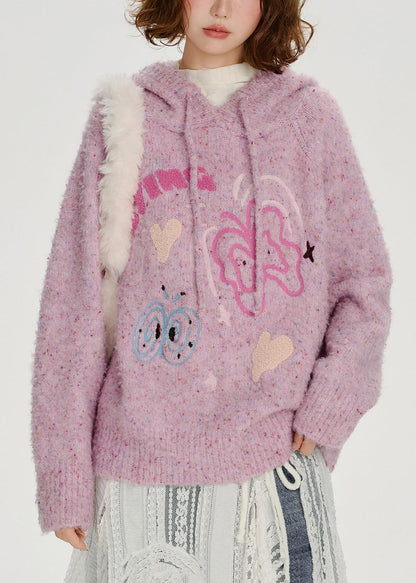 Light Purple Hooded Jacquard Knit Loose Sweatshirt Winter