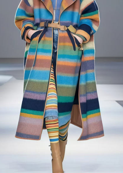 Colorblock Oversized Striped Woolen Trench Fall