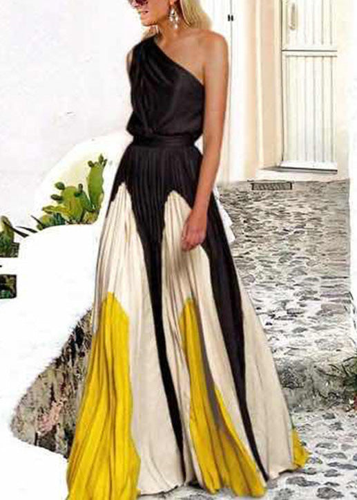 Green One Shoulder Patchwork Cotton Dresses Summer