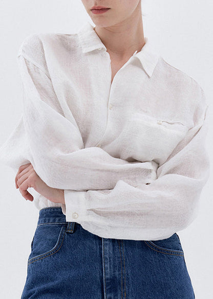 White Peter Pan Collar Linen Blouse Tops Spring
