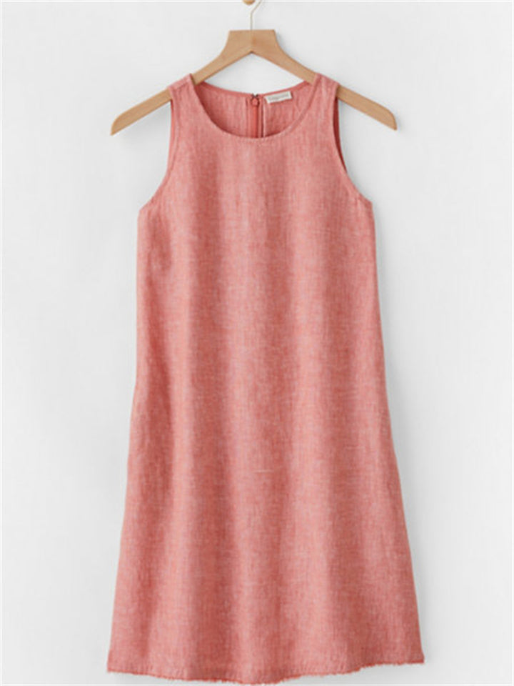 Color Sleeveless Cotton Linen Round Neck Loose Waist Pocket Tassel Undershirt Urban Style A-line Dress