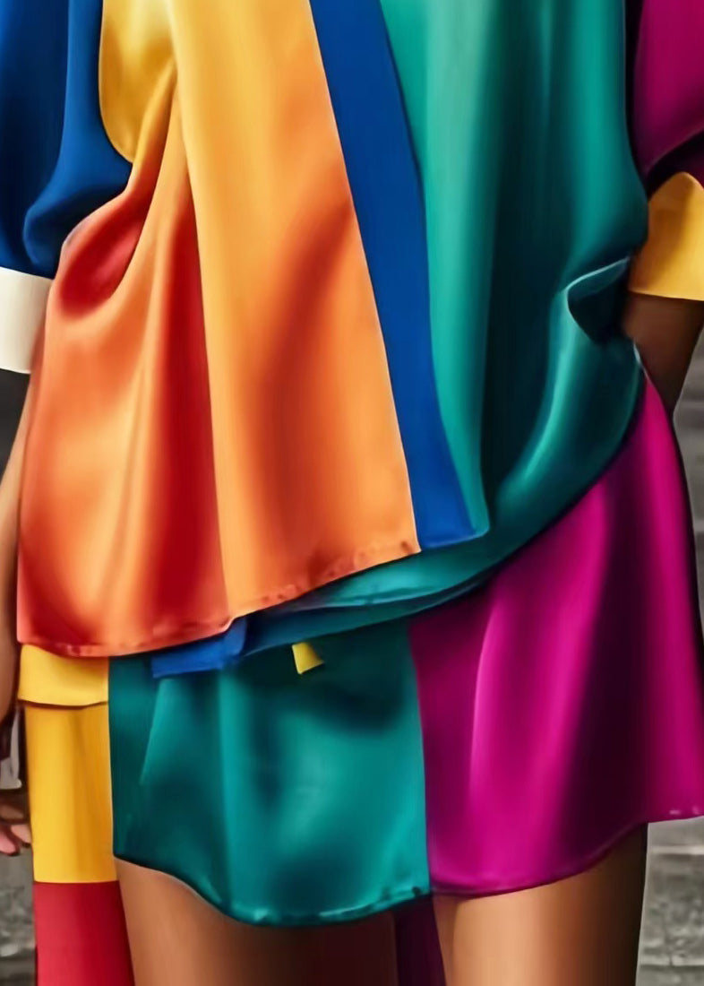 Colorblock Asymmetrical Patchwork Low High Design Silk Dress Summer