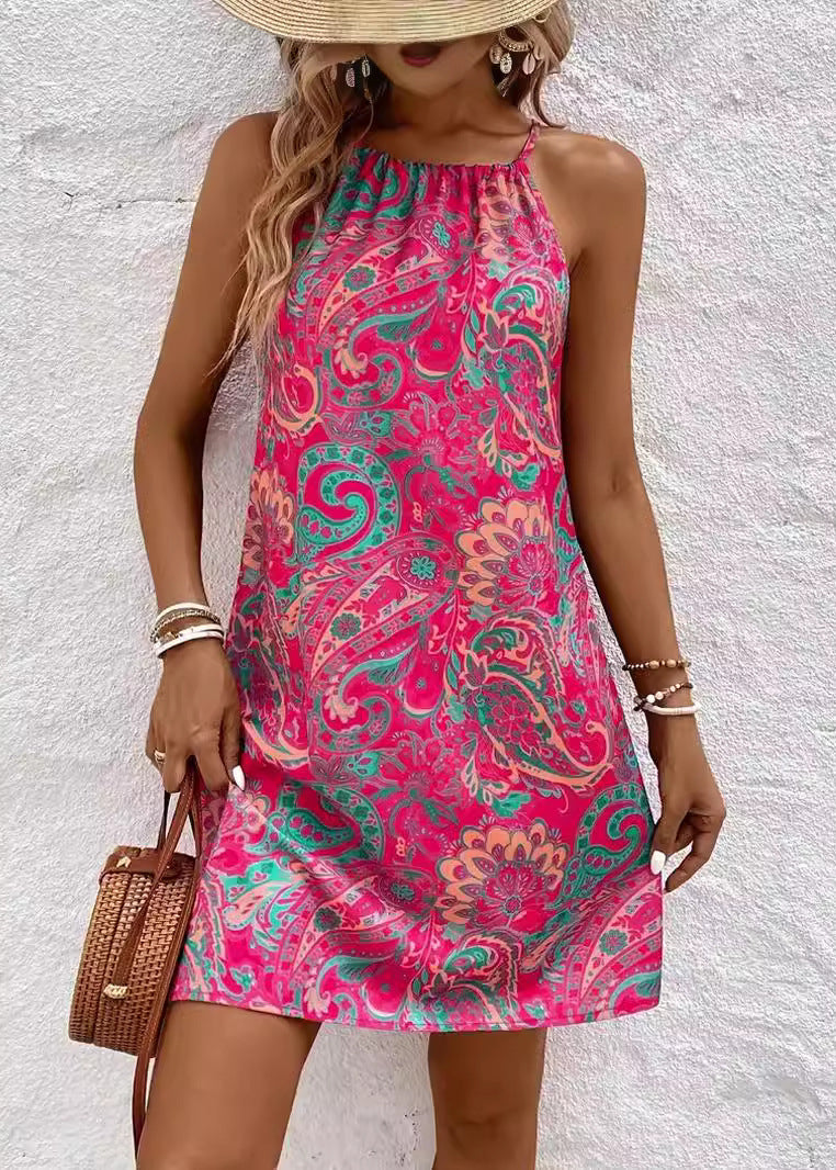 Rose Print Lace Up Chiffon Dresses Sleeveless