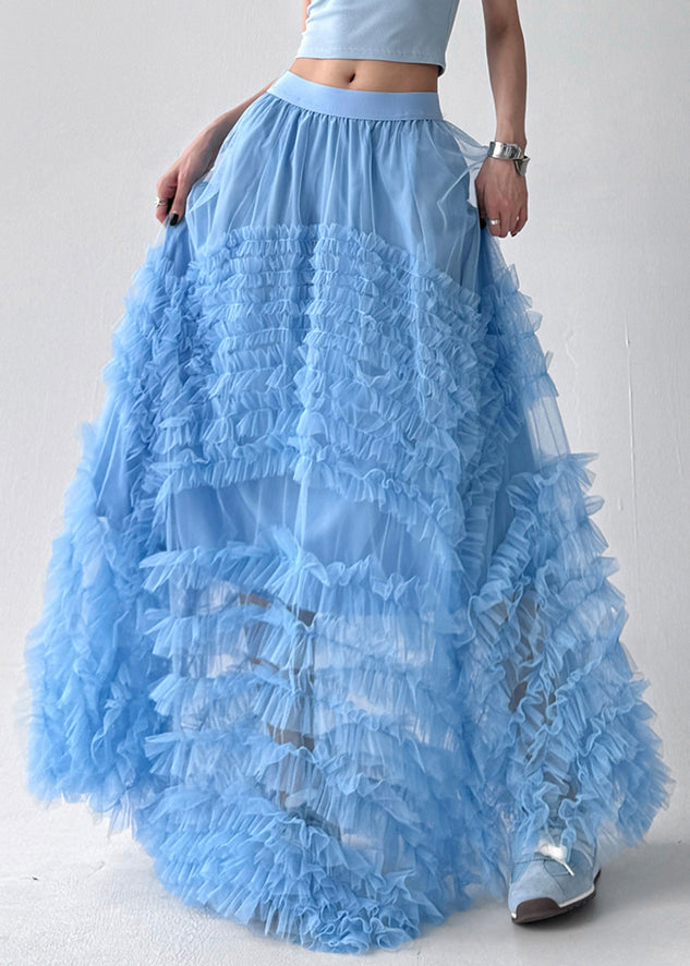 Blue Elastic Waist Tulle Summer Exra Large Hem Skirt Ruffled