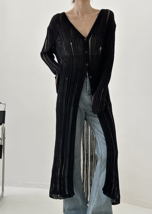 Black V Neck Hollow Out Ice Silk Knit Cardigan Fall