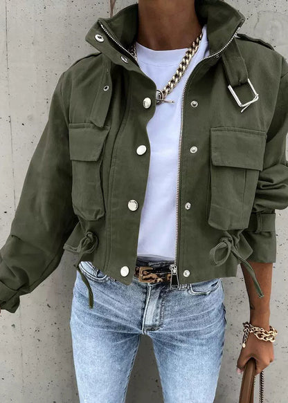 Apricot Zippered Pockets Print Short Jacket Fall