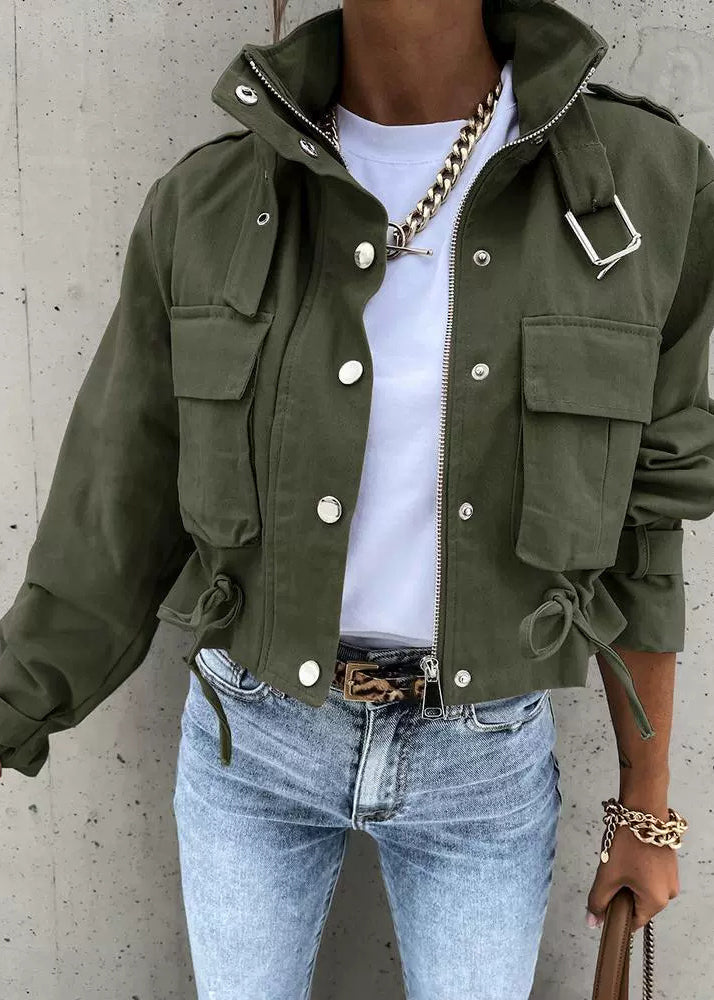 Apricot Zippered Pockets Print Short Jacket Fall
