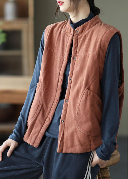 Orange Stand Collar Button Pockets Winter Sleeveless Waistcoat