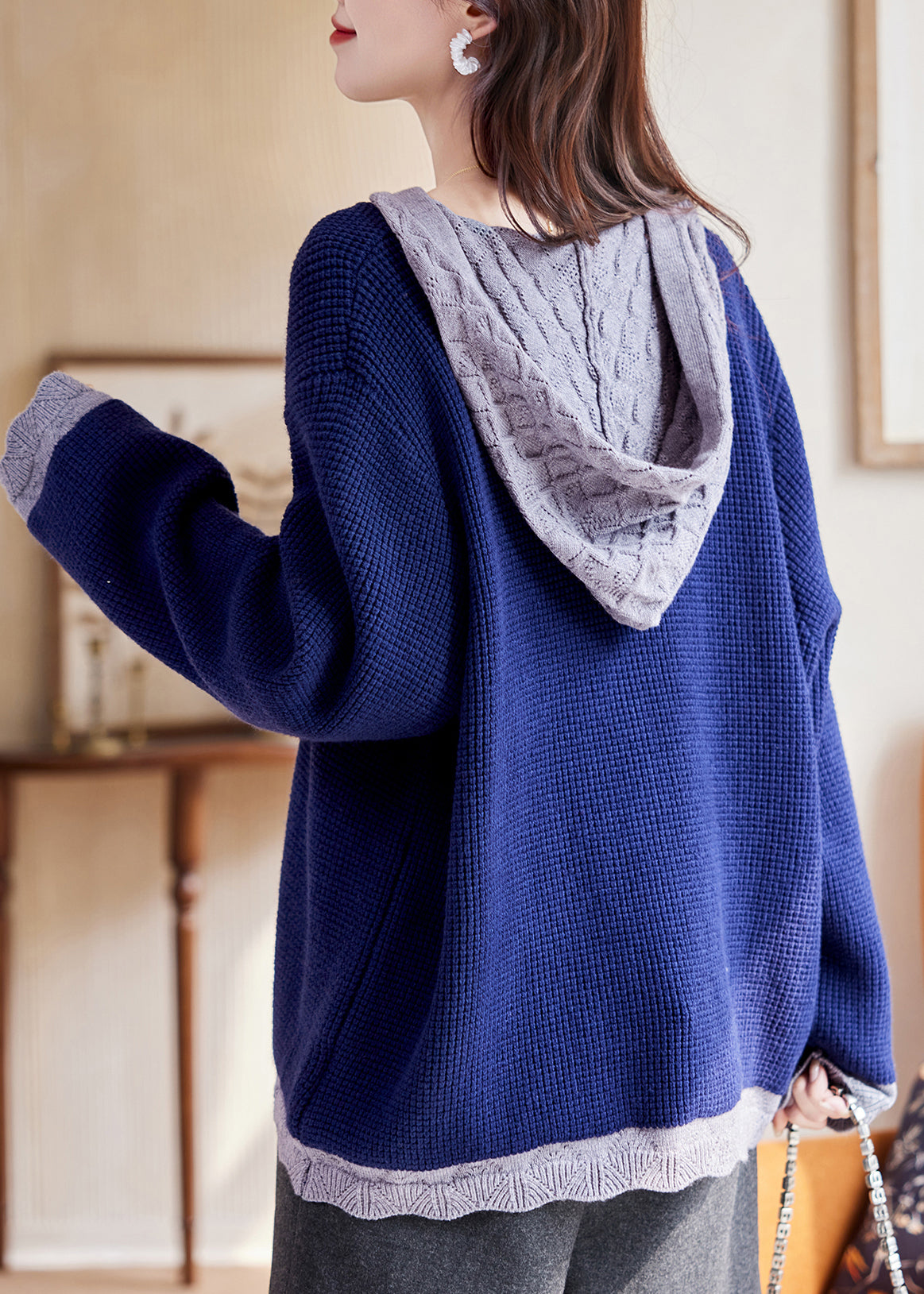 Blue Patchwork Button Cotton Hooded Knit Cardigan Fall