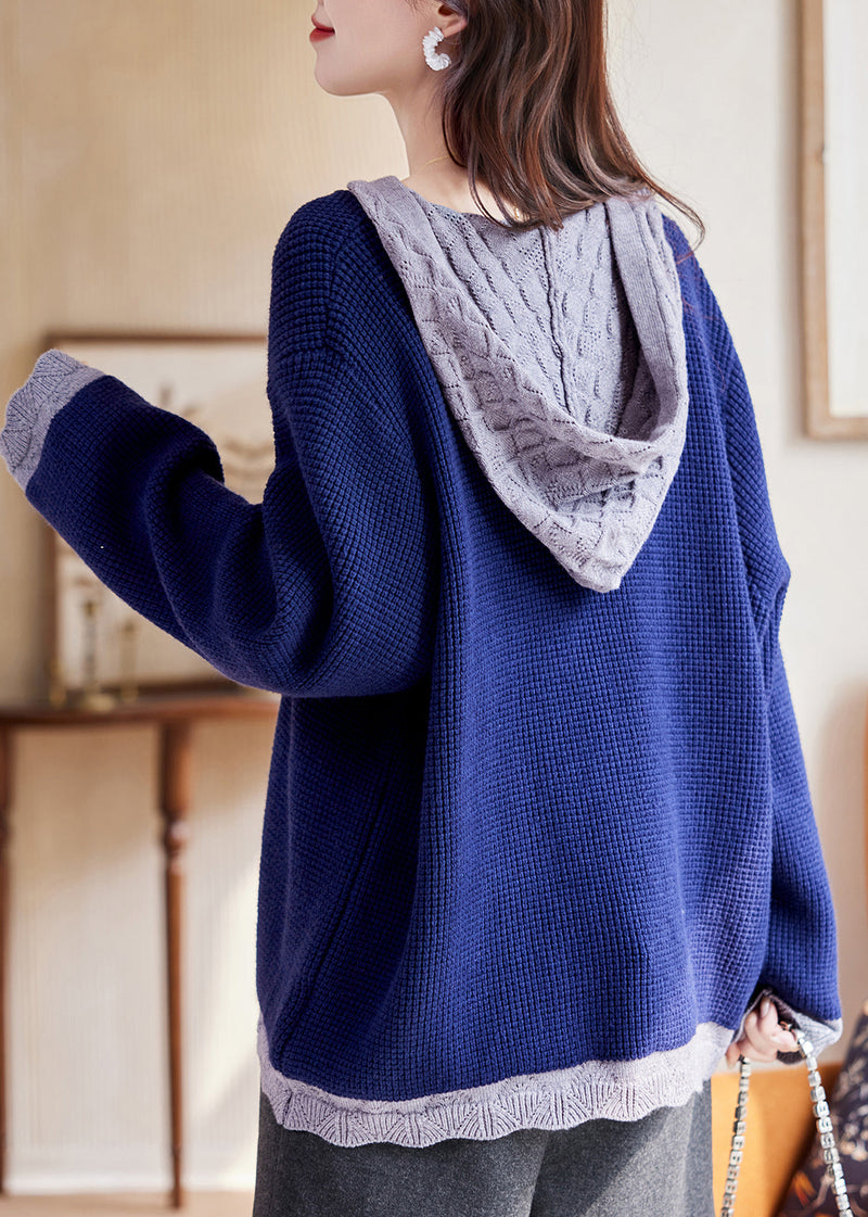 Blue Patchwork Button Cotton Hooded Knit Cardigan Fall